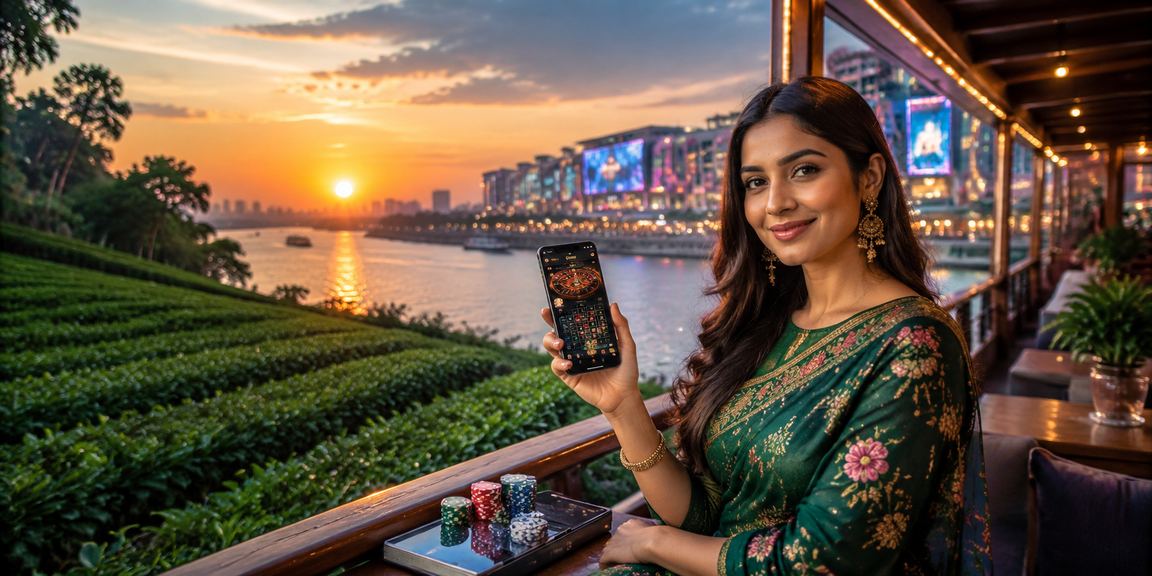 বগুড়ায় চা বাগানের পাশে মোবাইলে ক্যাসিনো অ্যাপ ব্যবহার করছেন একজন ব্যক্তি